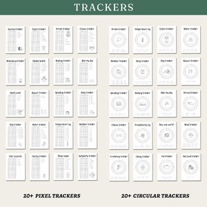 Może przedstawiać: Zbi&oacute;r drukowanych szablon&oacute;w tracker&oacute;w o r&oacute;żnych wzorach. Szablony obejmują trackery pikselowe i okrągłe dla nawyk&oacute;w, nastroj&oacute;w i innych cel&oacute;w osobistych. Tekst na g&oacute;rze brzmi "TRACKERS". Tekst na dole brzmi "20+ PIXEL TRACKERS" i "20+ CIRCULAR TRACKERS".