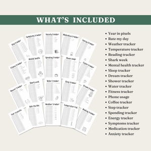 May include: A collection of printable planner pages with various trackers, including symptoms, anxiety, medication, and energy. The pages are black and white and include the text "WHAT'S INCLUDED".