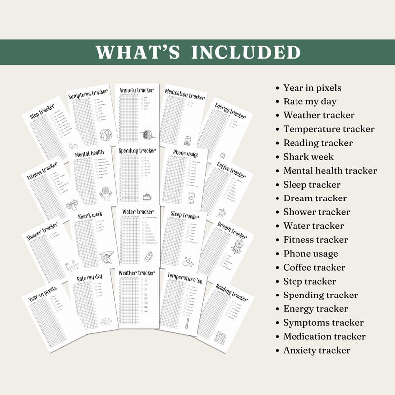 May include: A collection of printable planner pages with various trackers, including symptoms, anxiety, medication, and energy. The pages are black and white and include the text "WHAT'S INCLUDED".