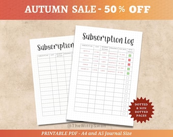 Subscription tracker Journal pages printable Monthly tracker Subscription log Expense tracker Bujo printable Bill planner A5 inserts