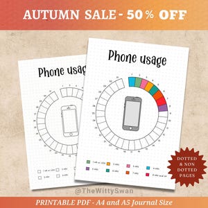 Peut inclure: Deux pages de journal imprimables blanches avec le texte "Phone usage". Chaque page présente un graphique circulaire avec un graphique de téléphone au centre. La bannière supérieure indique "AUTUMN SALE - 50% OFF". La bannière inférieure indique "PRINTABLE PDF - A4 and A5 Journal Size".