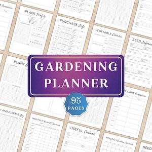 May include: A gardening planner with 95 pages, featuring various sections for plant profiles, purchase information, and vegetable calendars. The cover has the text "GARDENING PLANNER" in white on a purple background.