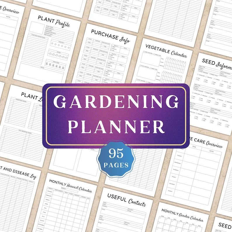 May include: A gardening planner with 95 pages, featuring various sections for plant profiles, purchase information, and vegetable calendars. The cover has the text "GARDENING PLANNER" in white on a purple background.