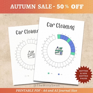 May include: Two printable car cleaning journal pages. The pages have a circular chart with numbers and a cleaning supplies graphic. The text "Car Cleaning" is at the top. The image also includes the text "AUTUMN SALE - 50% OFF".