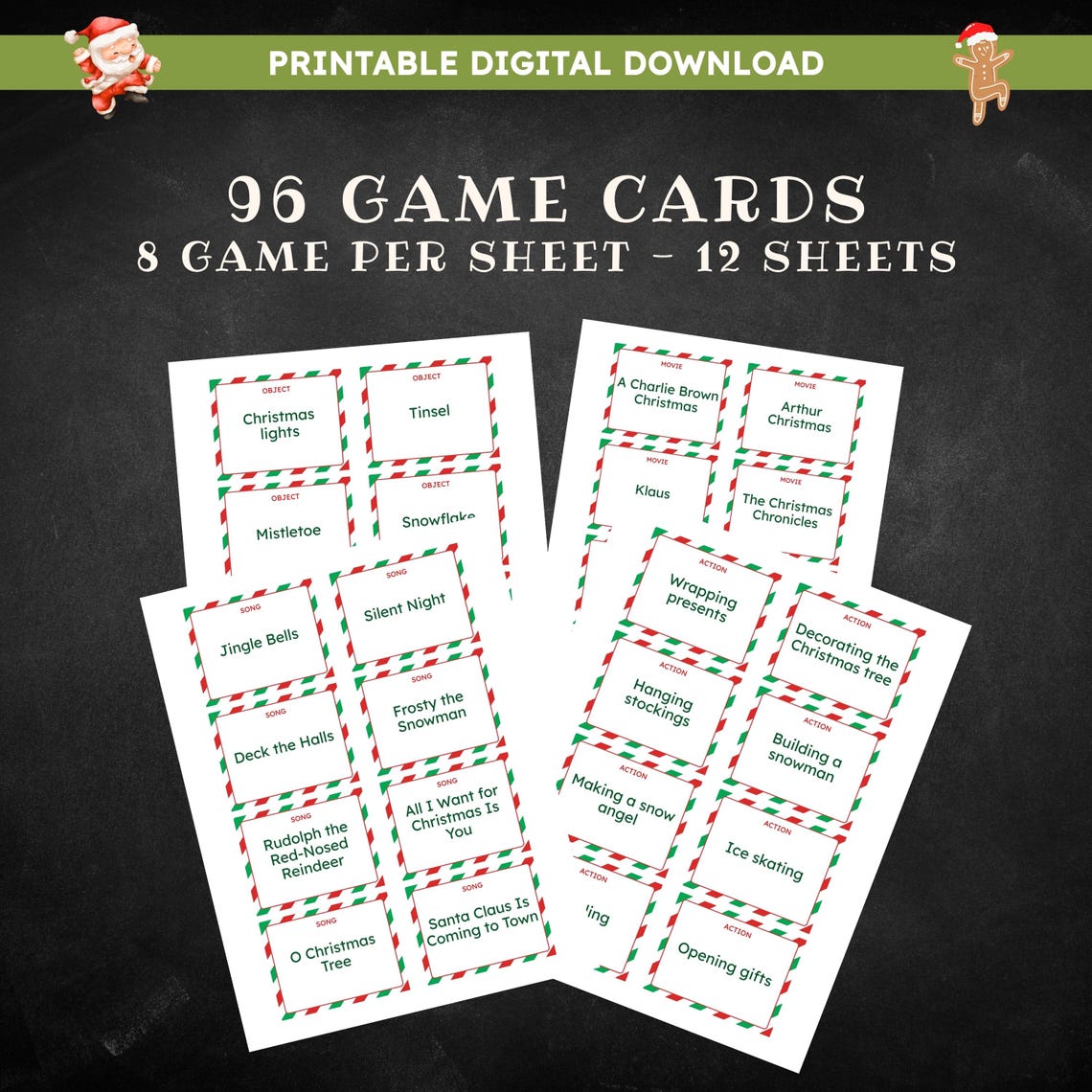 Christmas Charades Game - 96 Cards, Printable Party Games, Family ...