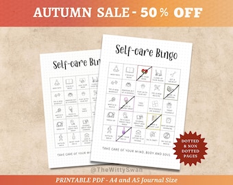 Self care bingo Journal pages printable Self care tracker Bujo printable Wellness tracker Self care challenge Mental health bingo