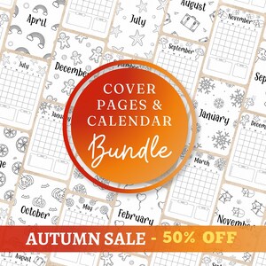 Könnte beinhalten: Ein Bundle aus druckbaren Kalenderseiten mit verschiedenen saisonalen und feiertagsbezogenen Illustrationen. Das Design umfasst Monatskalender mit dekorativen Elementen wie Regenbogen, Schneeflocken und Lebkuchenmännern. Das Bild enthält auch den Text "COVER PAGES & CALENDAR Bundle" und "AUTUMN SALE - 50% OFF".