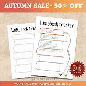 Könnte beinhalten: Zwei druckbare Audiobook-Tracker-Seiten. Eine Seite enthält eine Liste von Büchern mit Titeln und Autoren, die andere leere Felder zum Verfolgen. Der Text "Audiobook tracker" steht oben auf jeder Seite. Der Text "AUTUMN SALE - 50% OFF" steht oben.