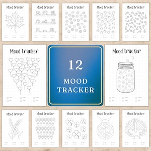 May include: A collection of twelve mood tracker pages, each with a unique black and white illustration. Designs include a maple leaf, books, donuts, gifts, candy canes, balloons, a jar of butterflies, lavender, popsicles, clovers, a ladybug, and a peacock.