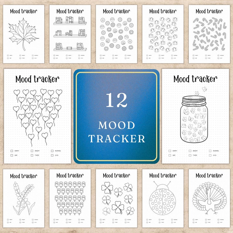 May include: A collection of twelve mood tracker pages, each with a unique black and white illustration. Designs include a maple leaf, books, donuts, gifts, candy canes, balloons, a jar of butterflies, lavender, popsicles, clovers, a ladybug, and a peacock.