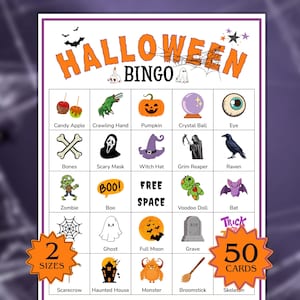 Schede del gioco del bingo di Halloween 50 Giochi di società stampabili Bingo spettrale Gioco di Halloween per bambini Schede del bingo per famiglie Attività di Halloween in classe