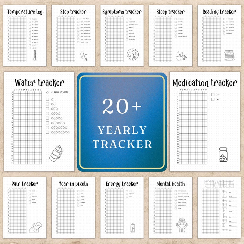 May include: A collection of printable yearly trackers, including temperature, step, symptoms, sleep, reading, water, medication, pain, energy, and mental health logs. The central image reads "20+ YEARLY TRACKER". Each tracker has a grid for recording data.
