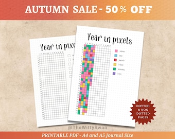 Year in pixels tracker Journal pages printable Yearly mood tracker Bujo printable A5 inserts Rate my day Planner pages Pixel tracker