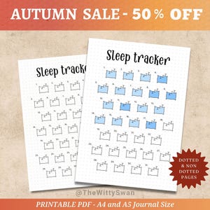 May include: Two printable sleep tracker sheets with a dotted grid background. Each sheet has a title "Sleep tracker" and features 31 numbered boxes with a sleeping person icon. The text "AUTUMN SALE - 50% OFF" is at the top.