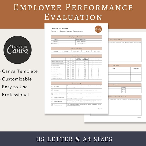 Employee Performance Evaluation Template, Employee Review Template, HR Template, Employee Evaluation Form, Editable Canva Template, HR forms