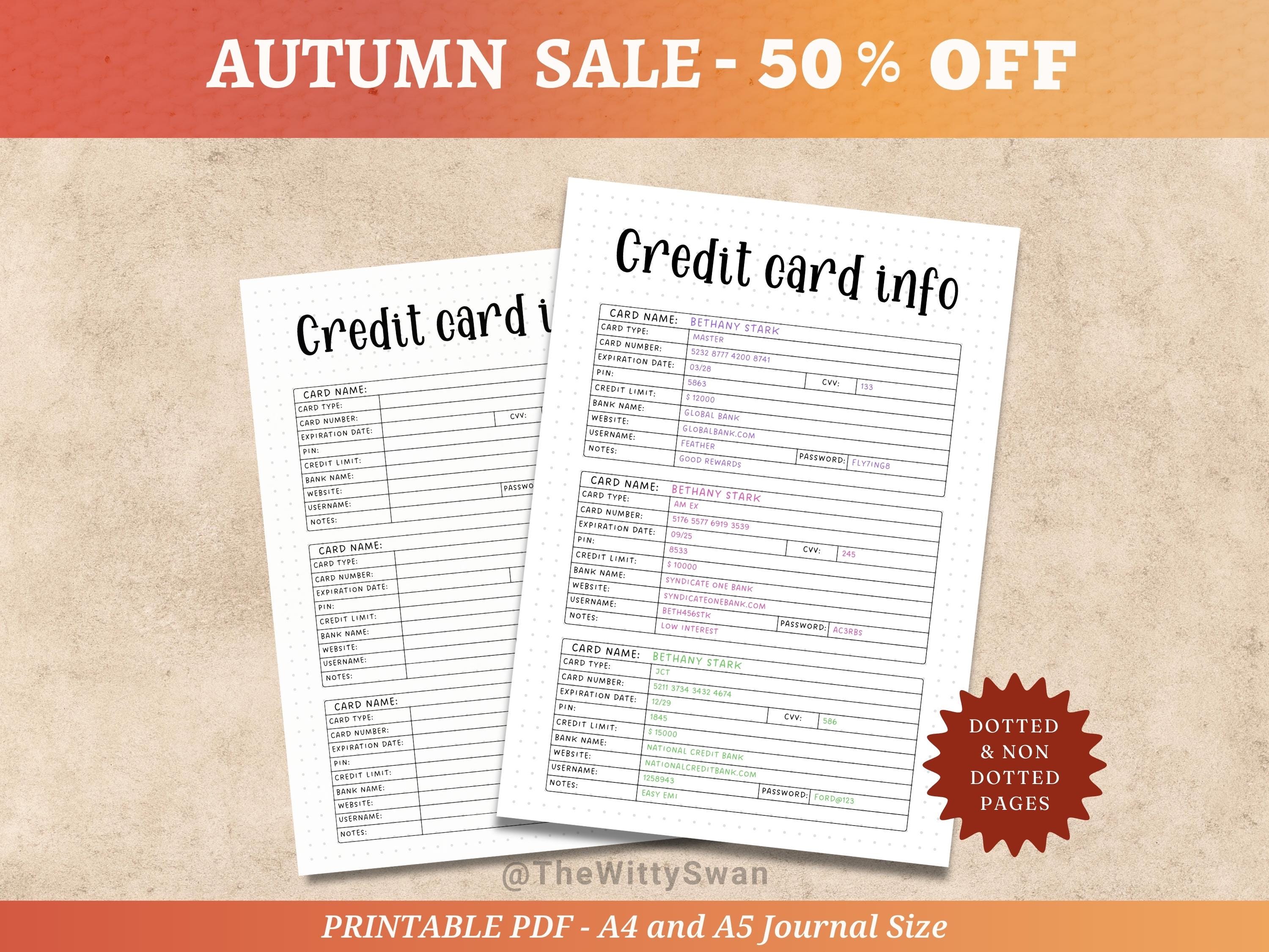 Credit card info tracker printable Journal page Personal finance tracker Bank account info Bujo printable Password log A5 inserts