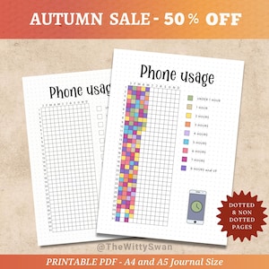 Könnte beinhalten: Zwei druckbare PDF-Journalseiten mit dem Titel "Phone usage". Die Seiten haben ein Raster zur Verfolgung der Handynutzung, mit einem farbcodierten Schlüssel für Zeitintervalle. Der Text "Autumn Sale - 50% Off" ist ebenfalls enthalten.