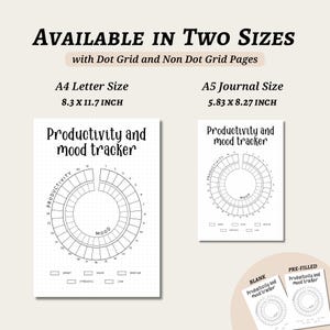 Może przedstawiać: Białe strony dziennika do śledzenia produktywności i nastroju w rozmiarach A4 (21 x 29,7 cm) i A5 (14,8 x 21 cm). Projekt zawiera okrągły tracker nastroju i tekst "Productivity and mood tracker".