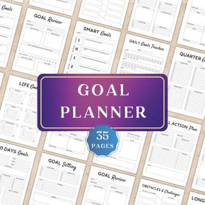May include: A goal planner with 35 pages, featuring a purple and gold title card that reads "GOAL PLANNER." Surrounding the title card are various pages with sections for goal setting, review, and tracking. The pages are white with black text.