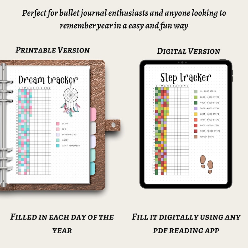May include: A printable and digital dream and step tracker. The printable version is in a brown leather-like binder. The digital version is on a tablet. The trackers have a grid with color-coded sections for each day of the year.