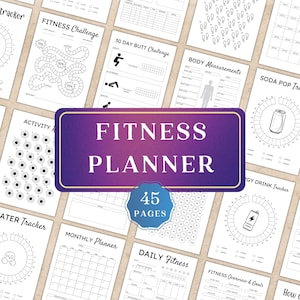 May include: A fitness planner with 45 pages, featuring various trackers for fitness challenges, body measurements, and daily habits. The cover has a purple and blue gradient design with the words "Fitness Planner". Pages include a water tracker and a monthly planner.