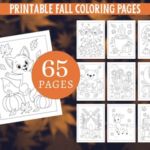 May include: A collection of printable fall coloring pages. The pages feature various autumn-themed illustrations, including a fox with pumpkins, children playing in leaves, and a bear with honey. The text "Printable Fall Coloring Pages" and "65 Pages" are visible.