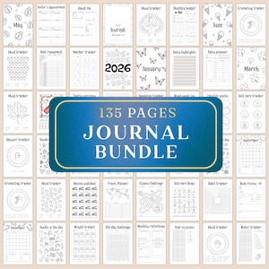 May include: A journal bundle with 135 pages, featuring various trackers and planners. Includes pages for mood tracking, debt repayment, and daily highlights. The pages are decorated with illustrations and the text "Journal Bundle".