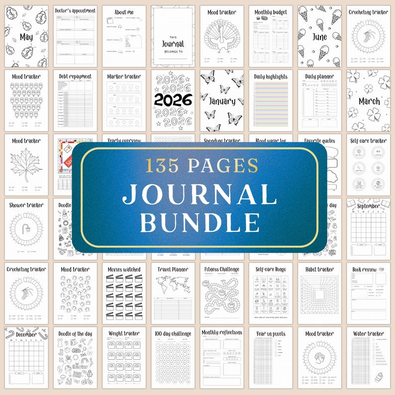 May include: A journal bundle with 135 pages, featuring various trackers and planners. Includes pages for mood tracking, debt repayment, and daily highlights. The pages are decorated with illustrations and the text "Journal Bundle".