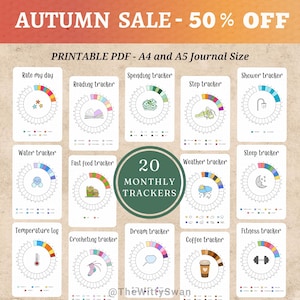 May include: Printable PDF journal with 20 monthly trackers, including reading, spending, and fitness. The image features the text "AUTUMN SALE - 50% OFF" and "PRINTABLE PDF - A4 and A5 Journal Size."