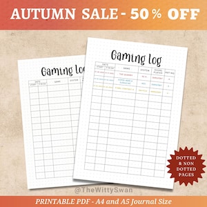 Op de afbeelding: Twee witte Gaming Log-journaalpagina's met zwarte rasterlijnen en de tekst "Gaming log". De bovenste banner luidt "AUTUMN SALE - 50% OFF". De onderste banner luidt "PRINTABLE PDF - A4 and A5 Journal Size".