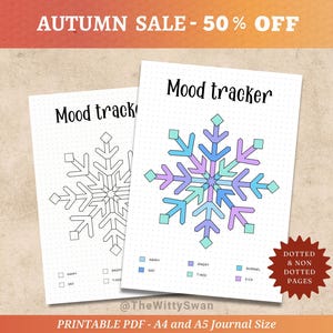 Può includere: Due fogli stampabili per il monitoraggio dell'umore con disegni di fiocchi di neve. Uno è un contorno in bianco e nero, l'altro è colorato in tonalità di blu, viola e verde acqua. Il testo "Mood tracker" è in cima a ogni foglio. L'immagine include anche il testo "Autumn Sale - 50% Off".