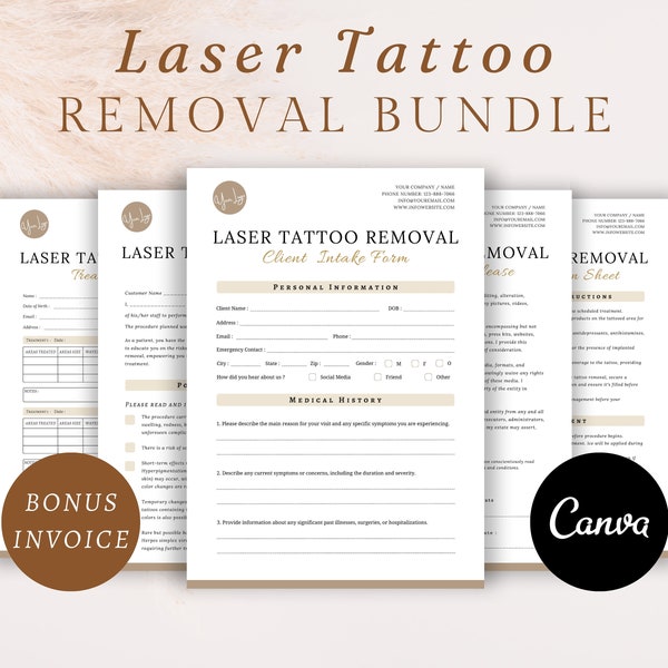 Paquete de eliminación de tatuajes con láser, formulario de consentimiento del cliente, paquete de formularios de esteticista editables, formulario de admisión del cliente, formulario de tratamiento, formulario de eliminación de tatuajes