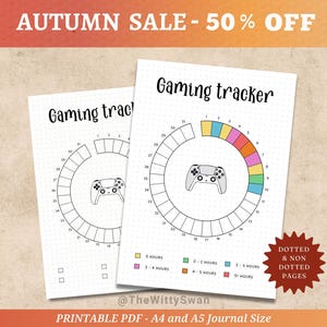 May include: Two white printable gaming trackers with a controller graphic. The trackers have a circular design with numbered sections and color-coded time blocks. Text includes "Gaming tracker", "Autumn Sale - 50% Off", and "Printable PDF - A4 and A5 Journal Size".