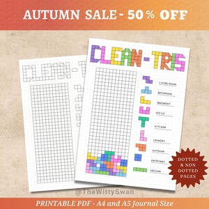 May include: Two white printable journal pages with grid patterns and the text "CLEAN-TRIS" in colourful pixelated letters. The pages include a Tetris-themed design and a list of rooms. The image also includes the text "AUTUMN SALE - 50% OFF".