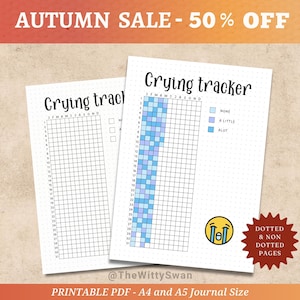Pode incluir: Dois rastreadores de choro em PDF imprimíveis, tamanho A4 e A5, com páginas pontilhadas e não pontilhadas. Os rastreadores têm uma grade para rastrear o choro, com opções para nenhum, um pouco ou muito. O texto "AUTUMN SALE - 50% OFF" está no topo.