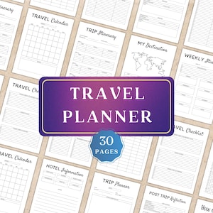 May include: A travel planner with 30 pages, featuring various templates for trip itineraries, calendars, checklists, and hotel information. The cover has the text "TRAVEL PLANNER" in white on a purple background. The pages are white with black text.