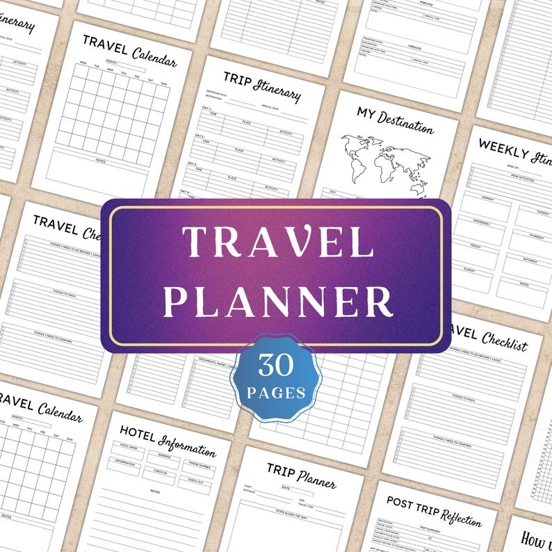 May include: A travel planner with 30 pages, featuring various templates for trip itineraries, calendars, checklists, and hotel information. The cover has the text "TRAVEL PLANNER" in white on a purple background. The pages are white with black text.