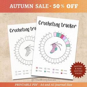 Könnte beinhalten: Zwei druckbare Häkel-Tracker mit kreisförmigem Design, mit einer Häkelsocken-Illustration. Der Text "Crocheting tracker" steht oben. Das Bild enthält den Text "AUTUMN SALE - 50% OFF" und "DOTTED & NON DOTTED PAGES".