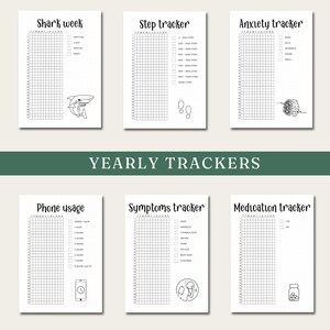 May include: A collection of six yearly tracker templates on white paper. The trackers include "Shark Week," "Step Tracker," "Anxiety Tracker," "Phone Usage," "Symptoms Tracker," and "Medication Tracker." Each template features a grid for tracking and illustrations.