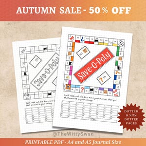 Saveopoly-dagboekpagina's afdrukbaar Besparingstracker Afdrukbaar Bujo-spaarspel Budgetteringstracker Gestippelde dagboekpagina's Besparingsuitdagingsspel