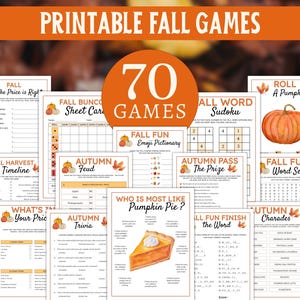 May include: Printable fall games with a variety of activities, including word searches, trivia, and emoji pictionary. The image features a collection of 70 games with autumn-themed graphics and the text "Printable Fall Games".