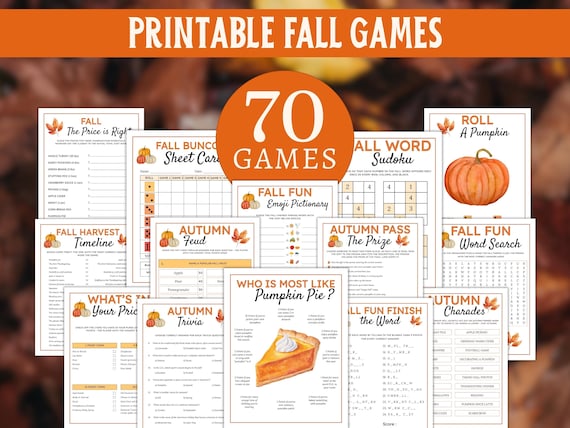 Fall games bundle 70 Fun games for family Autumn trivia Thanksgiving Bunco Word Emoji Pictionary Fall party games Autumn activities