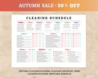 Cleaning schedule Printable cleaning checklist Editable cleaning planner ADHD cleaning Household chores chart Weekly cleaning schedule