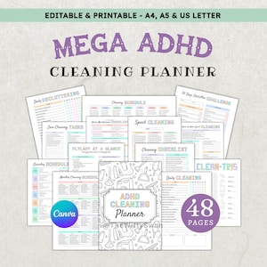 Paquete de planificación de limpieza para personas con TDAH. Planificador editable en Canva. Tabla de tareas familiares. Horario de limpieza del hogar. Reto de orden y limpieza.