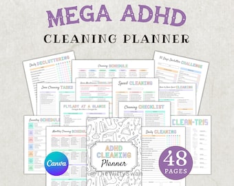 Paquete de planificación de limpieza para personas con TDAH. Planificador editable en Canva. Tabla de tareas familiares. Horario de limpieza del hogar. Reto de orden y limpieza.