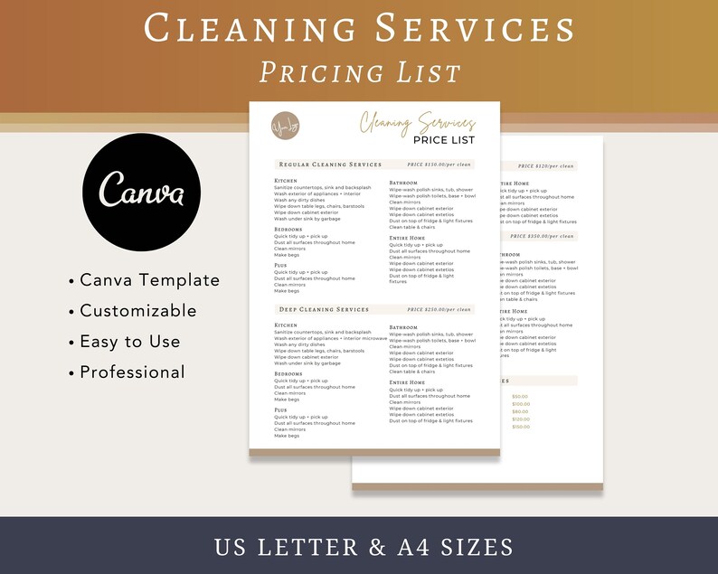 Professional Cleaning Service Price List, Editable Pricing List, House