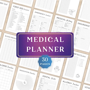 May include: A medical planner with 30 pages, featuring various health trackers and checklists. The cover is a deep purple with the words "Medical Planner" in white. Pages include sections for medical history, insurance, and emergency contacts.