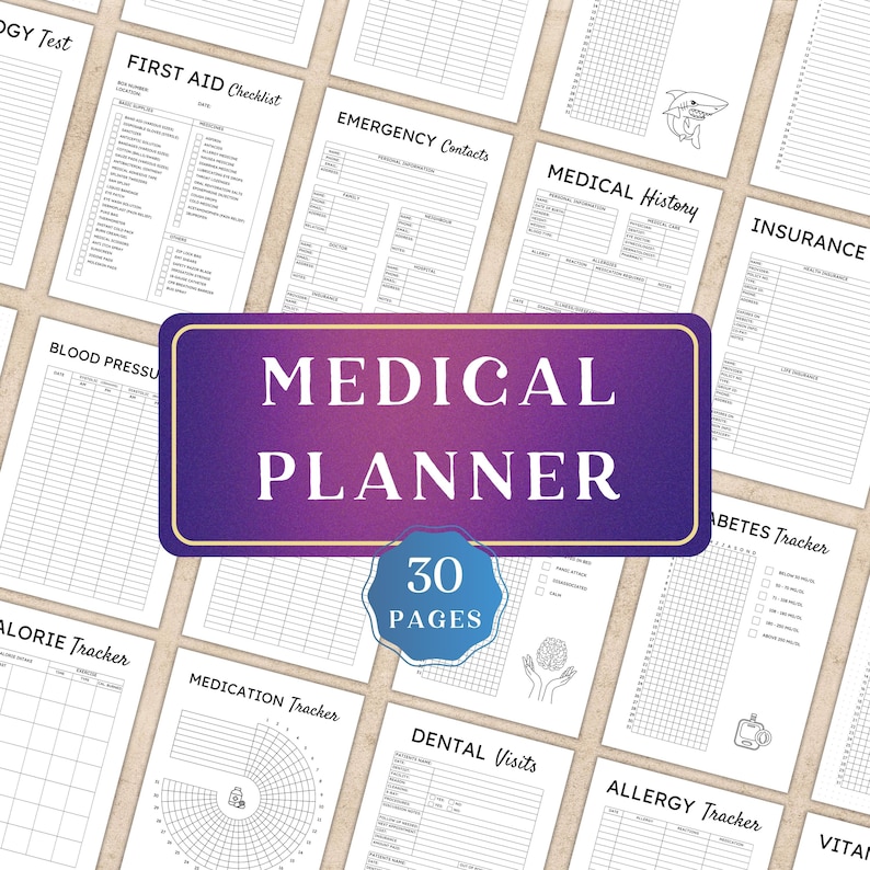 May include: A medical planner with 30 pages, featuring various health trackers and checklists. The cover is a deep purple with the words "Medical Planner" in white. Pages include sections for medical history, insurance, and emergency contacts.