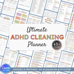 May include: A digital ADHD cleaning planner with over 45 pages, featuring various cleaning schedules, checklists, and decluttering challenges. The planner is editable and printable in A4, A5, and US Letter sizes. The title "Ultimate ADHD Cleaning Planner" is prominently displayed.