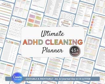 May include: A digital ADHD cleaning planner with over 45 pages, featuring various cleaning schedules, checklists, and decluttering challenges. The planner is editable and printable in A4, A5, and US Letter sizes. The title "Ultimate ADHD Cleaning Planner" is prominently displayed.
